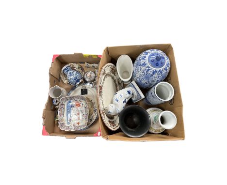 Two boxes containing 19th century and later porcelain including delftware, a blue and white lidded vase, a large meat plate, 