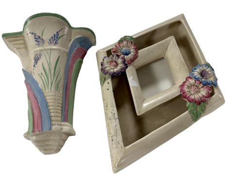 An Burleighware Art Deco china wall pocket together with a Clarice Cliff for Wilkinson ltd. rhomboid shaped dish.