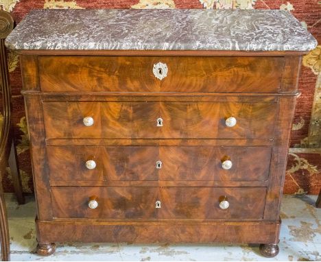 HALL COMMODE, 19th century French, Louis Phillipe flame mahogany with four long drawers and variegated St Annes marble top, 9