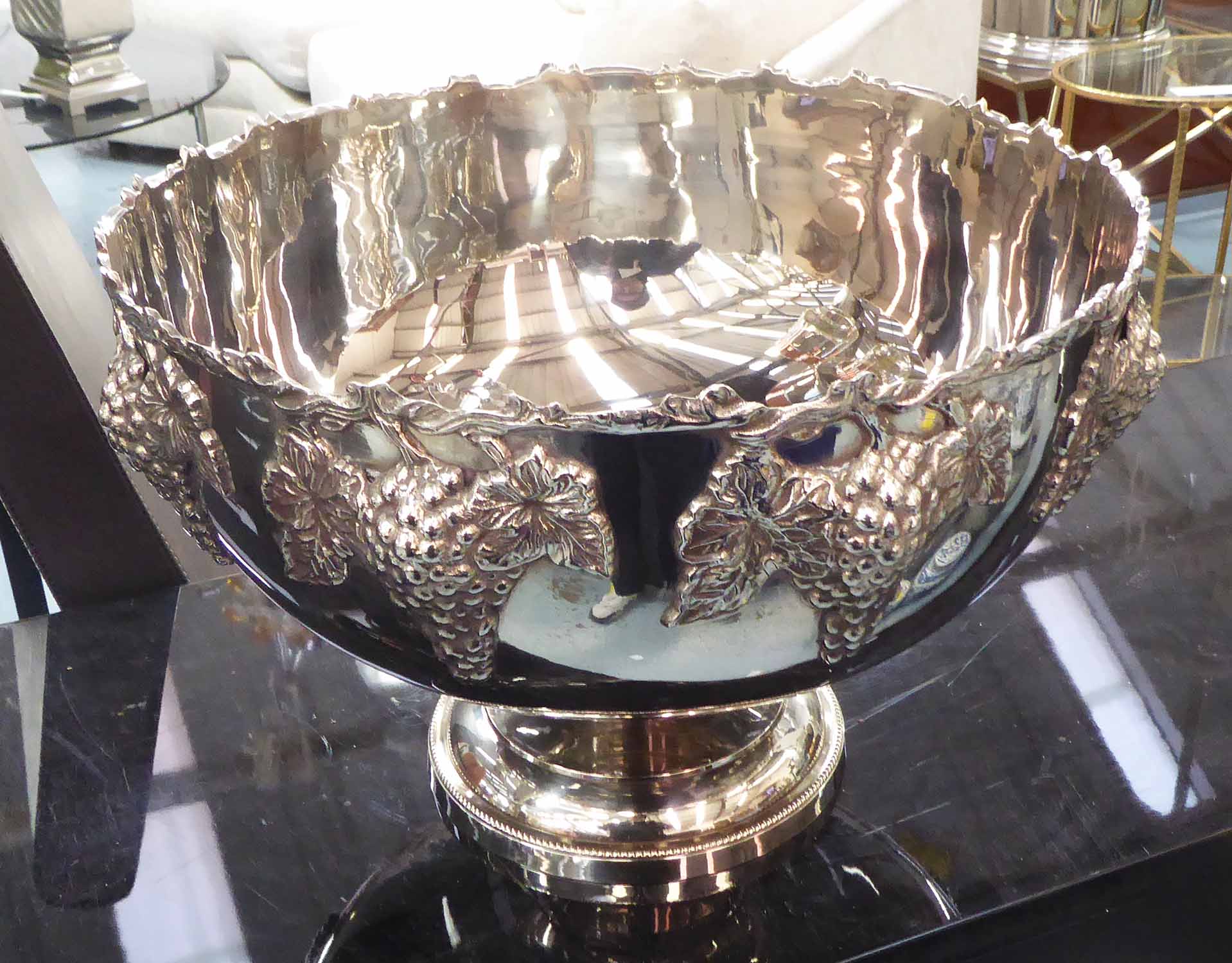 CHAMPAGNE BOWL, with vine detail, polished metal finish, 25cm H.