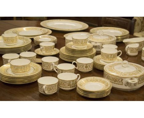 DINNER SERVICE, Royal Worcester English fine bone china Hyde park gold, twelve place five piece setting. (69 pieces) (Packagi