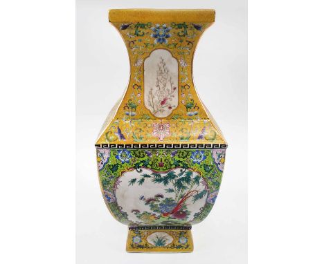 CHINESE FAMILLE JAUNE CERAMIC VASE, decorated exotic birds in reserved panels, 47cm H.