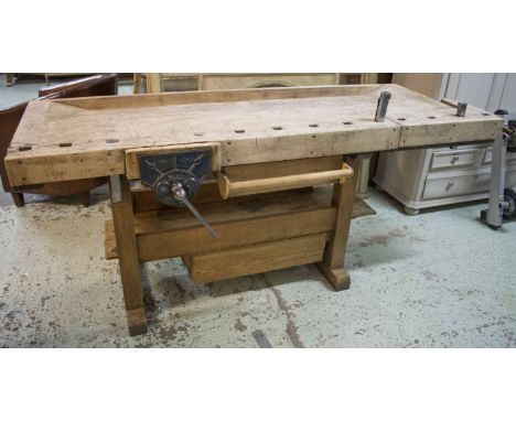 WORKBENCH, vintage beach, rectangular incorporating woodworking clamp, adjustable stops and fitted metal vice, tool drawer an