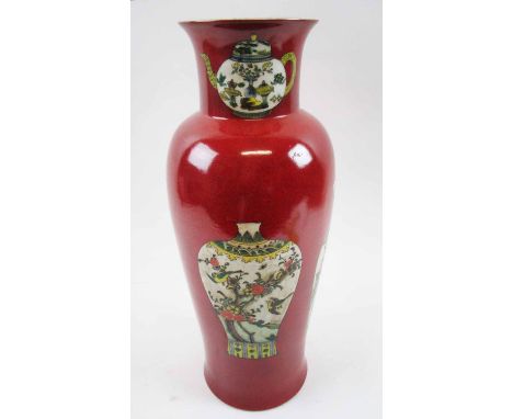 CHINESE CERAMIC VASE, decorated various vase designs on a red ground, six character mark to base, 44cm H.