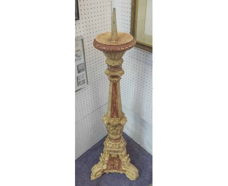 ALTAR CANDLESTICK, 17th century style Italian distress painted with decorative detail, 105cm H.