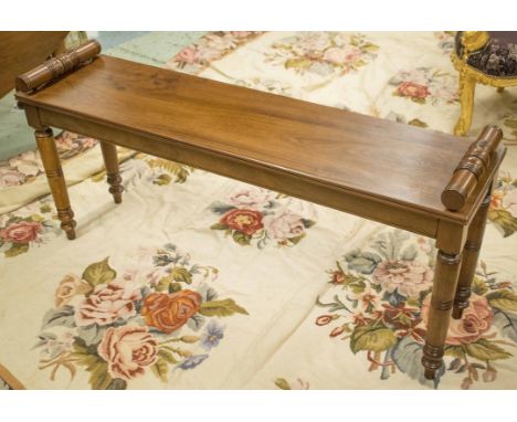 HALL BENCH, Victorian and later, mahogany with bolster ends, 130cm W x 32cm D.