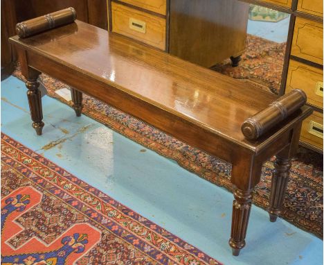 HALL BENCH, Regency design mahogany with turned baluster handles and reeded supports, 53cm H x 118cm x 33cm.