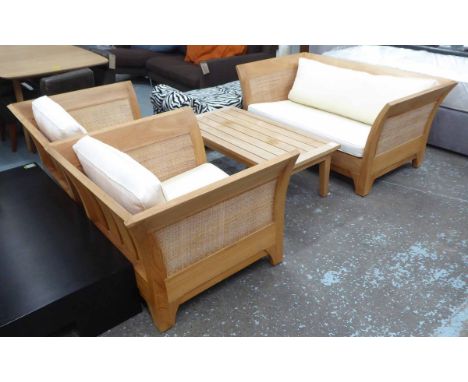 CONSERVATORY SUITE, a sofa 160cm L x 90cm W x 71cm H, two chairs and table 120cm L x 60cm W x 41cm H, teak with canework side