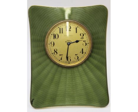 A silver & green guilloche enamel framed travelling clock, (possibly Russian or Eastern Europe) c.1900, 8-days, Arabic numera