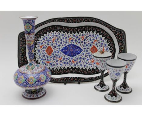 An enamel on copper tray, three goblets and a vase 