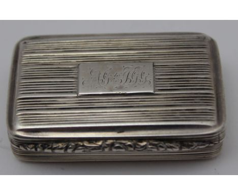 Thomas Shaw, A William IV silver snuff box, ridged case with floral thumb catch, monogrammed, opens to reveal gilded interior