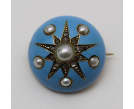 A button form brooch, blue enamel decorated with a diamond set star, having central pearl, (or half pearl), surrounded by fiv