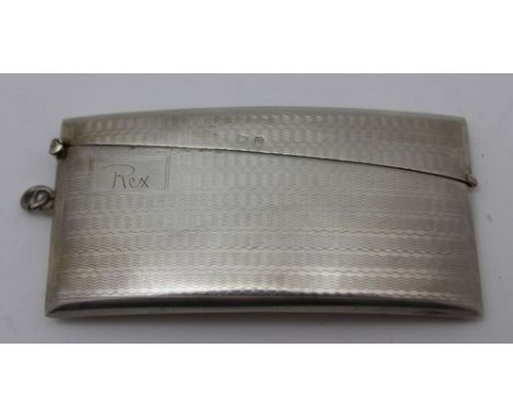 William Devenport, A Victorian design silver visiting card case of curved form, engine turned decoration, engraved 'REX', Bir
