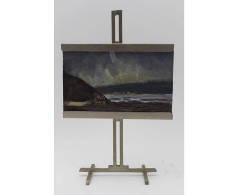 Victor Hugo An oil on board study of a solitary figure on the seashore under stormy skies, 10 x 15 cm, signed and mounted on 