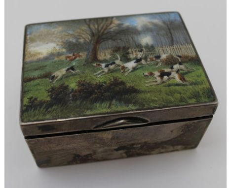 William Hornby, A late Victorian silver cigarette box, the hinged lid inset an enamel hunting scene, London 1899, internal wo