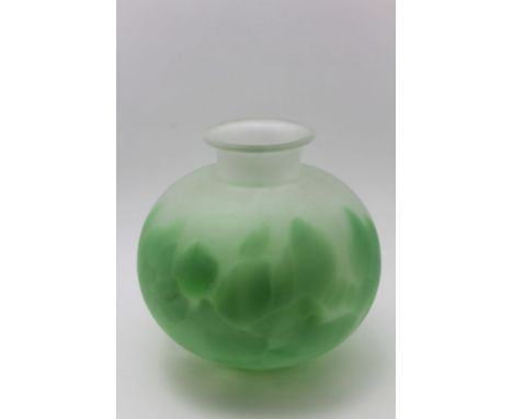 A French Art glass vase of bulbous form, etched surface, green decoration, 25cm high 