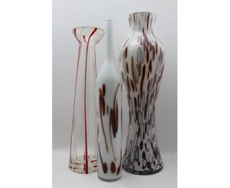 Two Murano art glass vases with splatter decoration on an opaque ground, the tallest 53cm high, together with a red &amp; whi