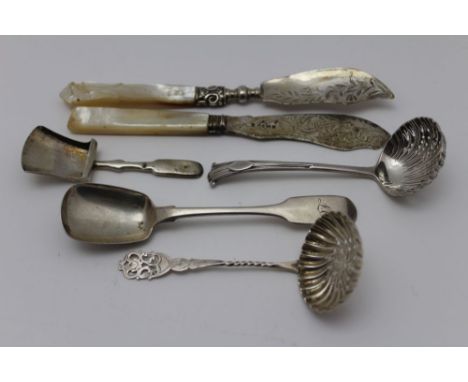 Richard Britton, an early Victorian silver jam spoon, fiddle pattern, monogrammed, London 1839, a George III silver caddy spo