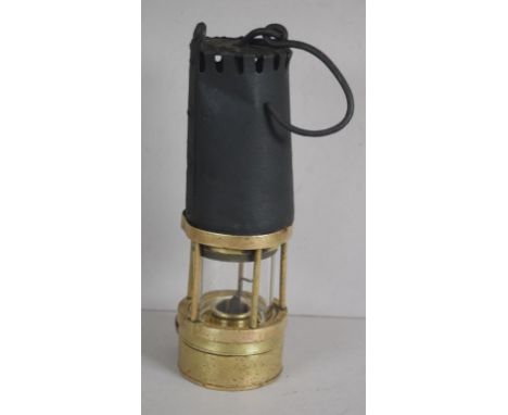 Antique Richard Johnson Clapham Morris miner lamp (Manchester) with oil wick burner, 34cm high approx (including hook)