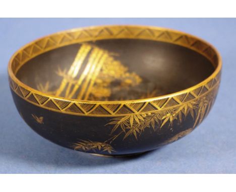 Vintage Satsuma bowl bamboo decoration on black ground. Black character mark to base. Diameter 15.5cms approx Height 6cms app