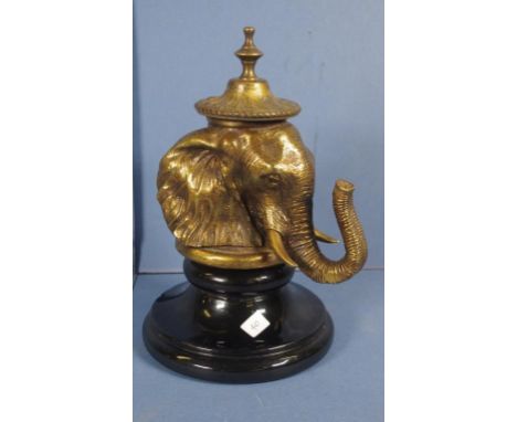 Brass elephant head inkwell on black English ceramic base, height 28cm approx