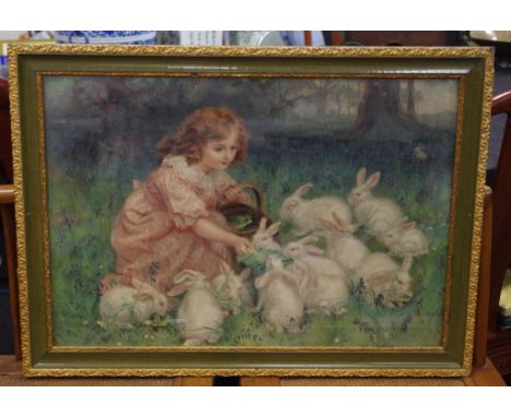 Framed vintage pears print girl with basket feeding rabbits in decorative frame, 57cm X 78cm approx