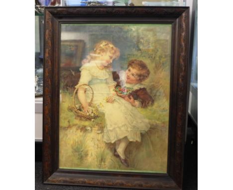 Framed vintage pears print titled "Sweet hearts" in carved timber frame, 72.5cm X 57cm approx