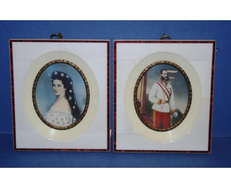 Two hand decorated portrait miniatures both in matching frames & signed, 14cm x 12cm (frame) approx.