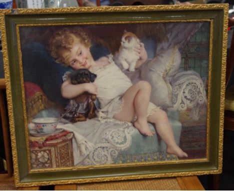 Framed vintage pears print with a girl holding a dog and a kitten in a decorative frame, 54cm X 66cm approx