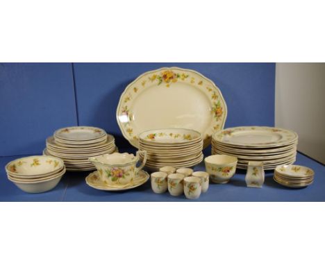 Sixty three piece Royal Doulton wattle dinner set D5156, including 12 dinner plates, 12 entree plates, 6 side plates, 11 soup