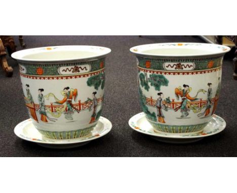 Pair large Chinese ceramic jardinieres figural decoration. With under dishes. Height 35cm approx. (each).