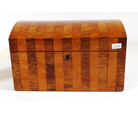 Victorian rosewood tea caddy in vaulted form with rosewood and satinwood stripes to front and top. Length 25cms approx Height