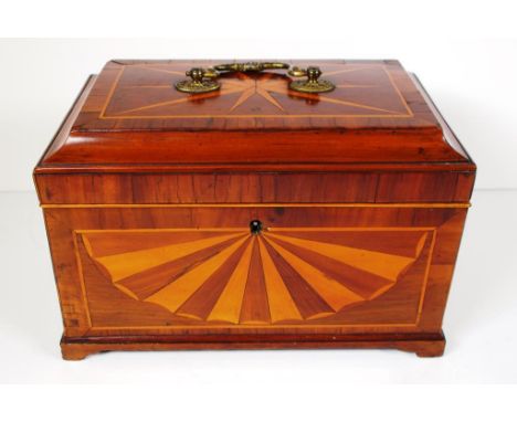 George III tea caddy of various woods with satinwood sunburst and parquetry sides and back, oak interior with secret compartm