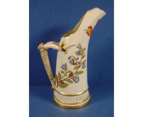 Victorian Royal Worcester porcelain jug handpainted floral decoration. Marked to base for 1886 with Reg. No. 37112 & 1116. He