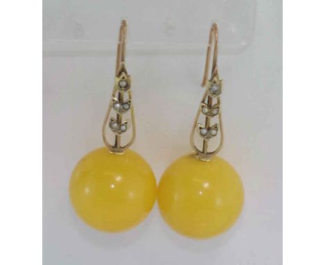 Butterscotch amber and seed pearl drop earrings 20mm amber beads, on 9ct gold hooks