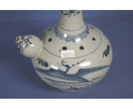 Chinese blue & white ceramic wine flask landscape decoration. Height 20cm approx.