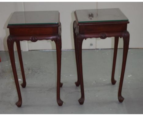 Pair of vintage lamp tables with glass tops, 40cm x 40cm, 70cm high approx