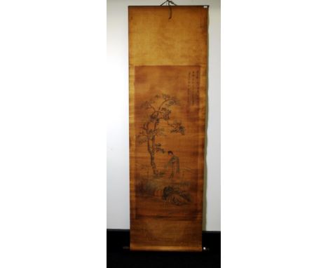 Chinese scroll attrib Huang Shanshou (1855-1919) Figures in a Garden. Signed upper right. 98cms X 39cms approx. (image)
