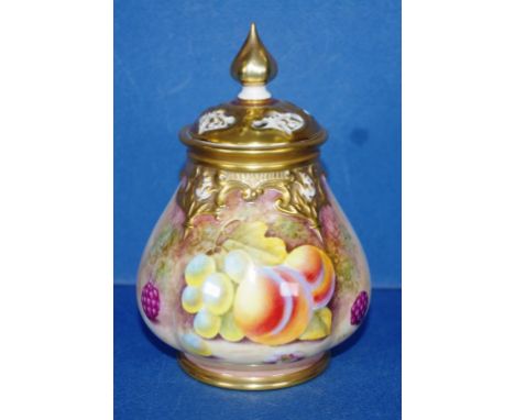 Royal Worcester lidded pot pourri with gilt & handpainted fruit decoration, signed 'R. Price', 13cm high approx.
