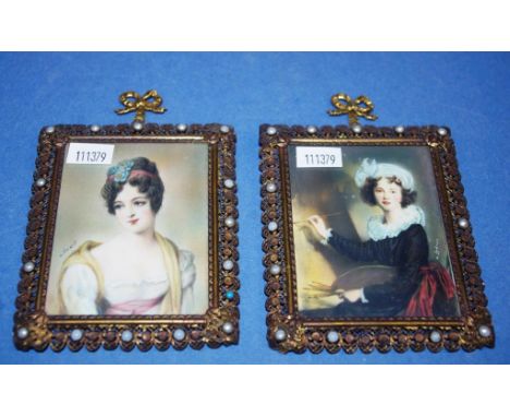 Two vintage portrait miniatures in decorative filigree frames, 11cm x 9cm (frame) approx.