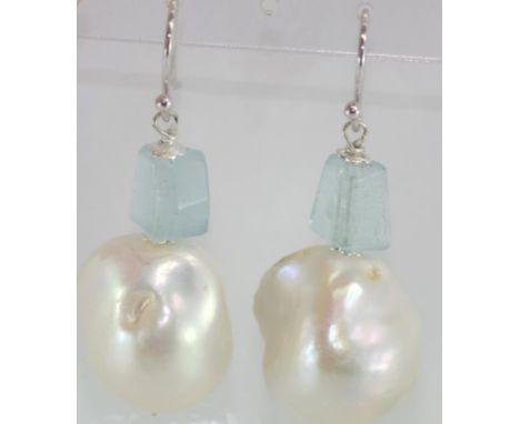 Baroque pearl and aquamarine earrings on 9ct white gold hooks
