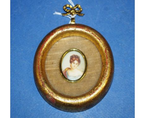 Vintage handpainted portrait miniature in gilt oval frame, 3cm (image) approx.