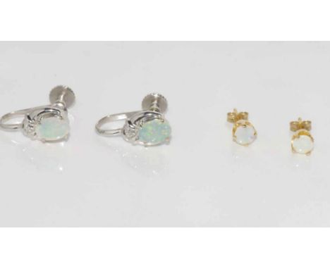 18ct white gold, solid opal screw earrings weight: approx 3.3 grams, together with a pair of 9ct yellow gold, solid opal earr