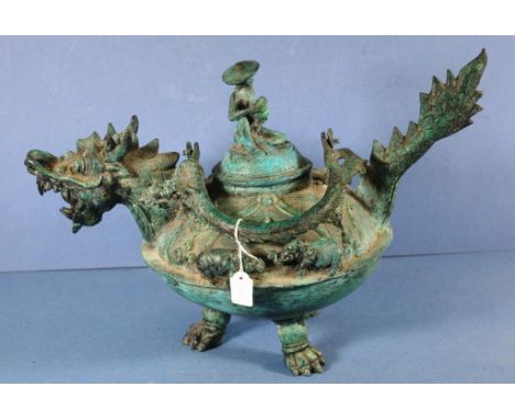 Vintage Chinese cast metal dragon teapot on 3 feet with figural lid, 31cm high