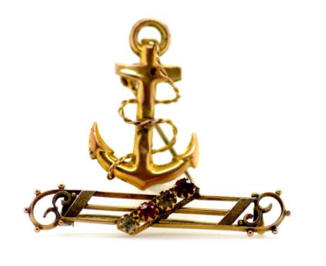 Two vintage 9ct gold brooches including anchor weight: approx 3.38 grams