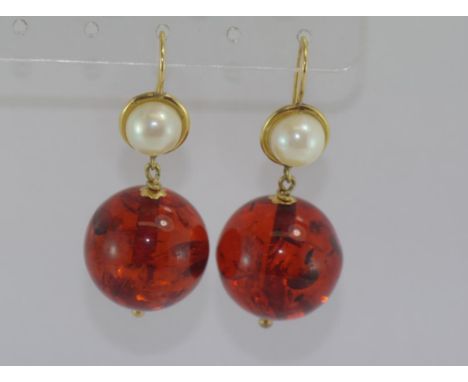 Cherry Baltic amber and pearl earrings on 18ct gold hooks