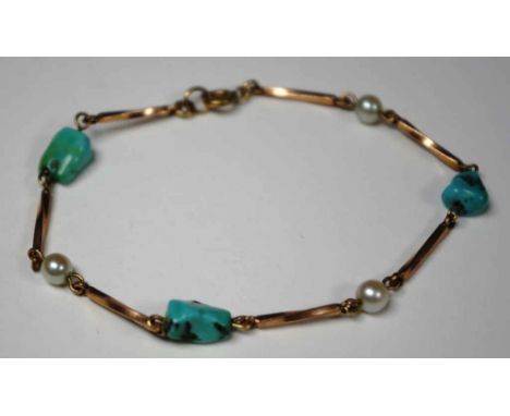 9ct rose gold, turquoise & pearl bracelet 17.5cm long