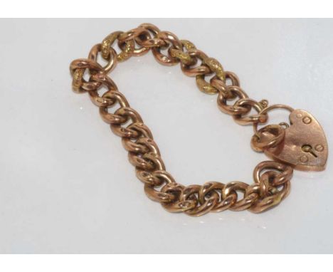 Vintage 9ct rose gold bracelet with heart lock and engraved alternating yellow topped gold links, both lock and links marked 