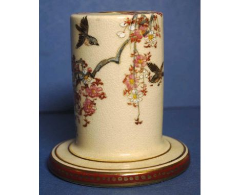 Satsuma ceramic candlestick bird and blossom decoration, marked in characters to base. Height 10.5cm approx.