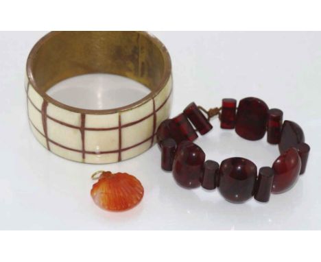Vintage amber bracelet needs restringing with an agate pendant and another bangle